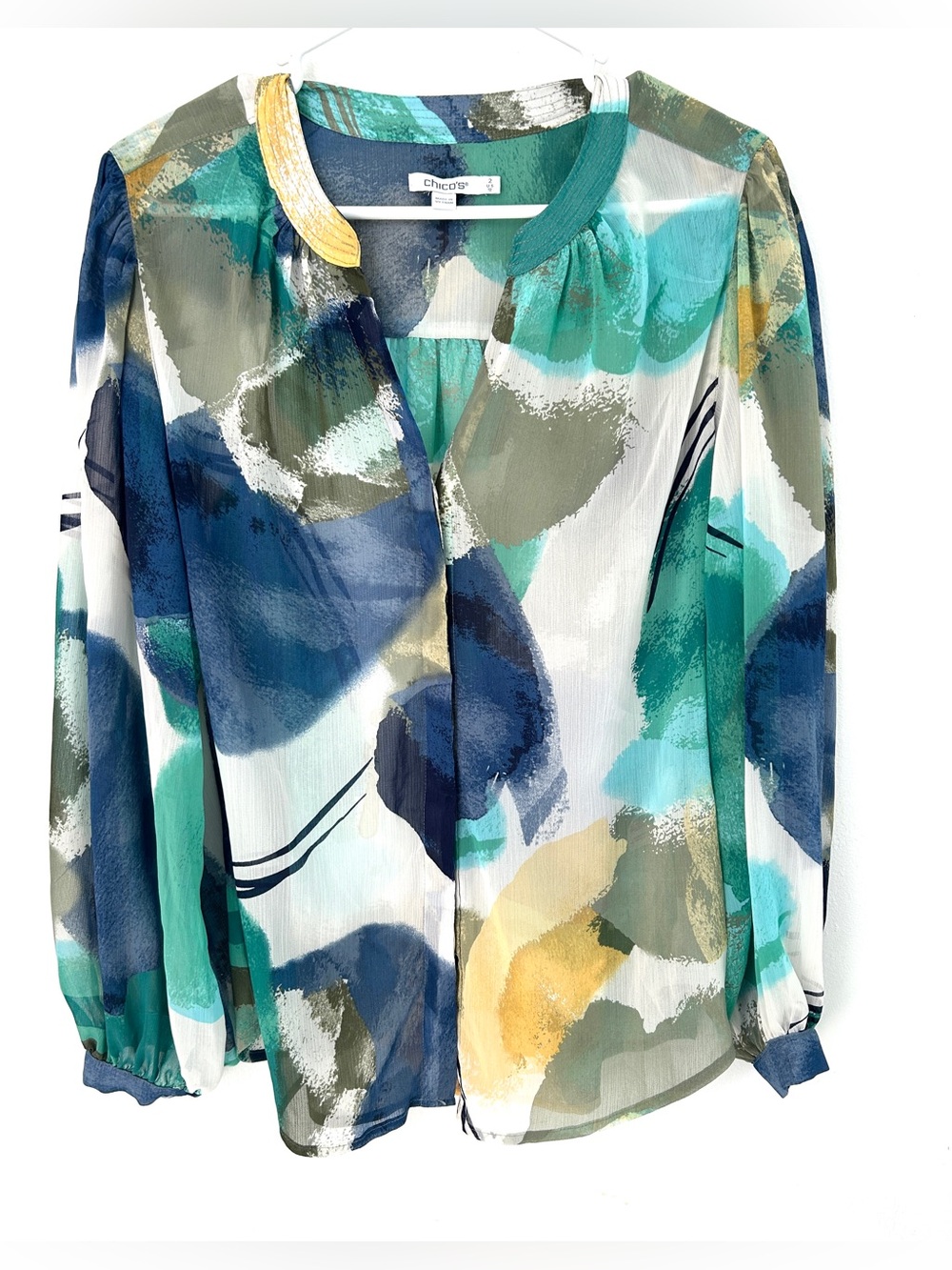 Chico's Teal Navy Mint and Gold Watercolor Long Sleeve Blouse